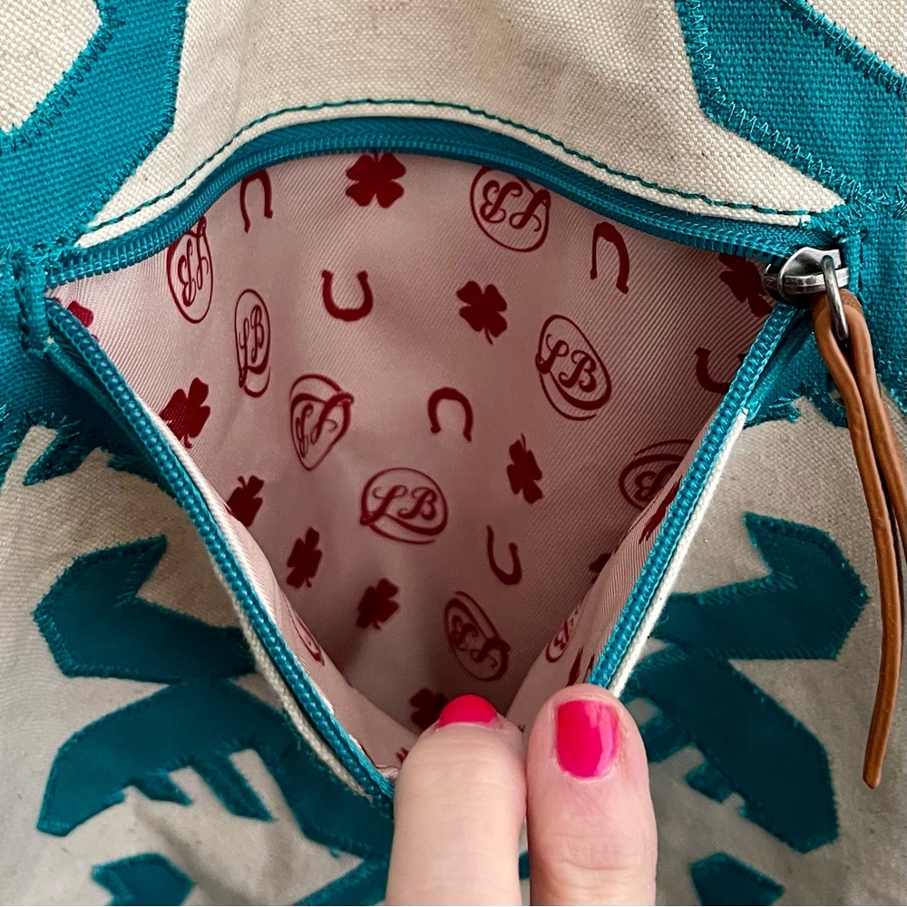 LUCKY BRAND SOUTHWEST INSPIRED COVINA CANVAS TOTE TURQUOISE AND CREAM LIKE NEW - Picture 13 of 16